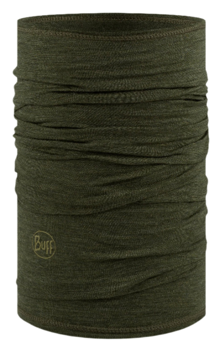 Olive green knitted neck warmer with a small round logo.