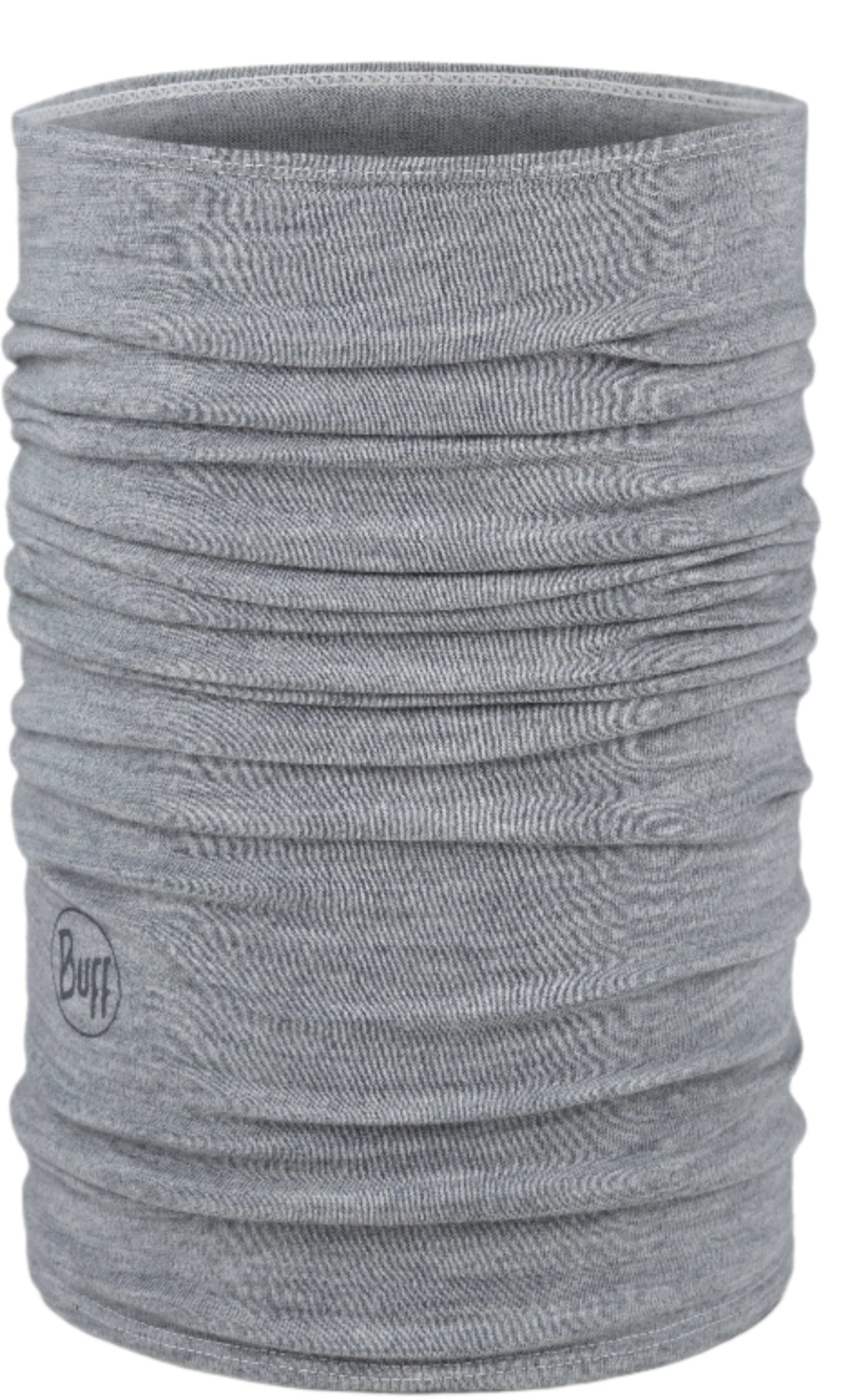 Gray neck gaiter with a visible logo.