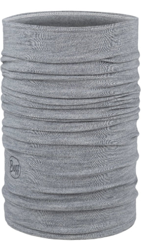 Gray neck gaiter with a visible logo.
