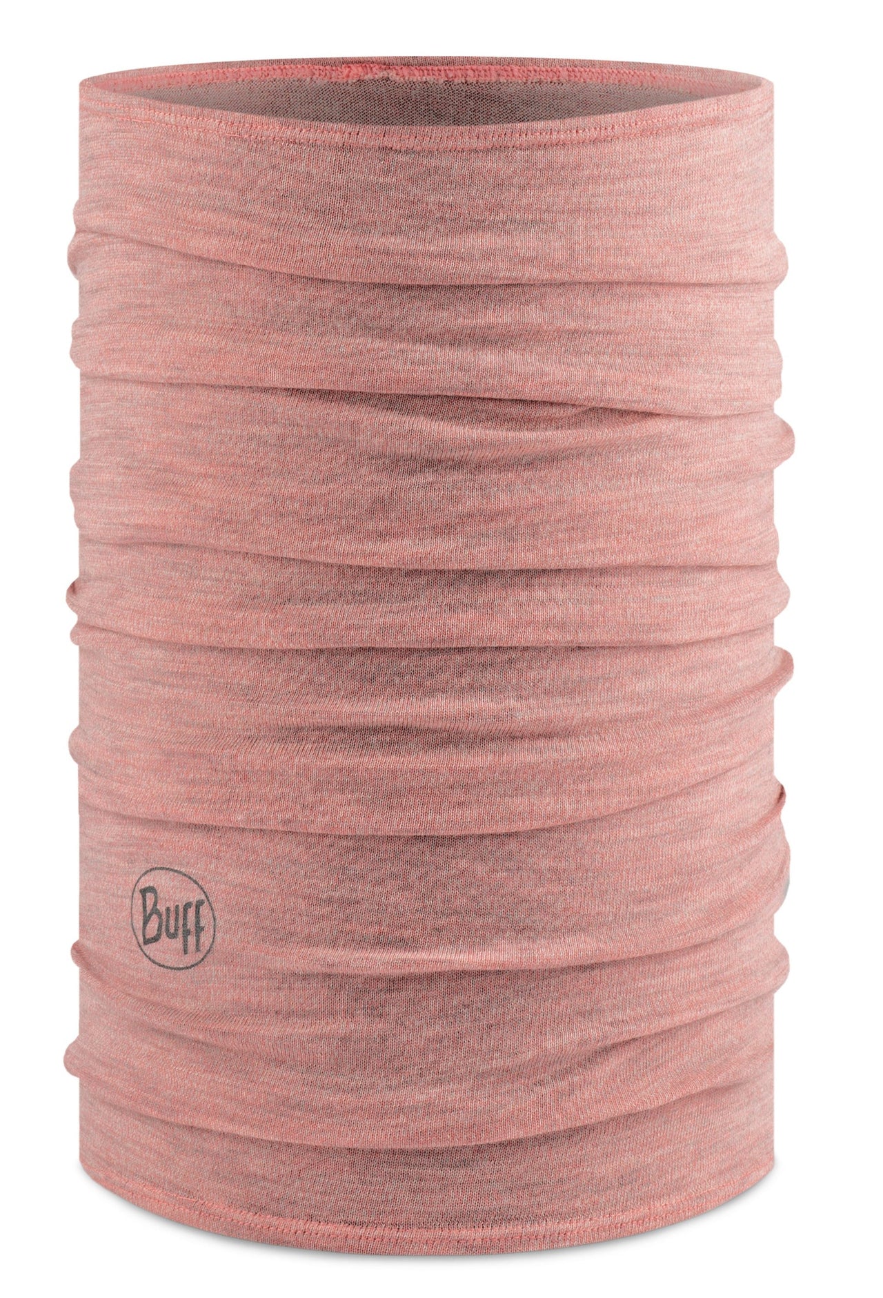 Peach-colored, textured, cylindrical neck warmer with brand logo.