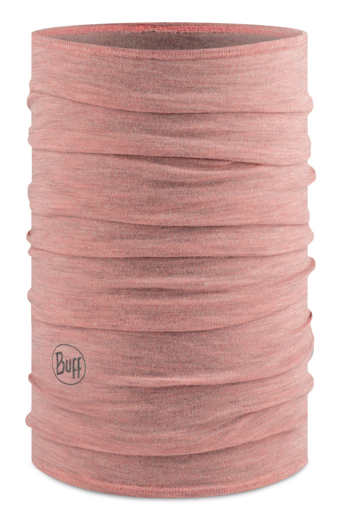Peach-colored, textured, cylindrical neck warmer with brand logo.