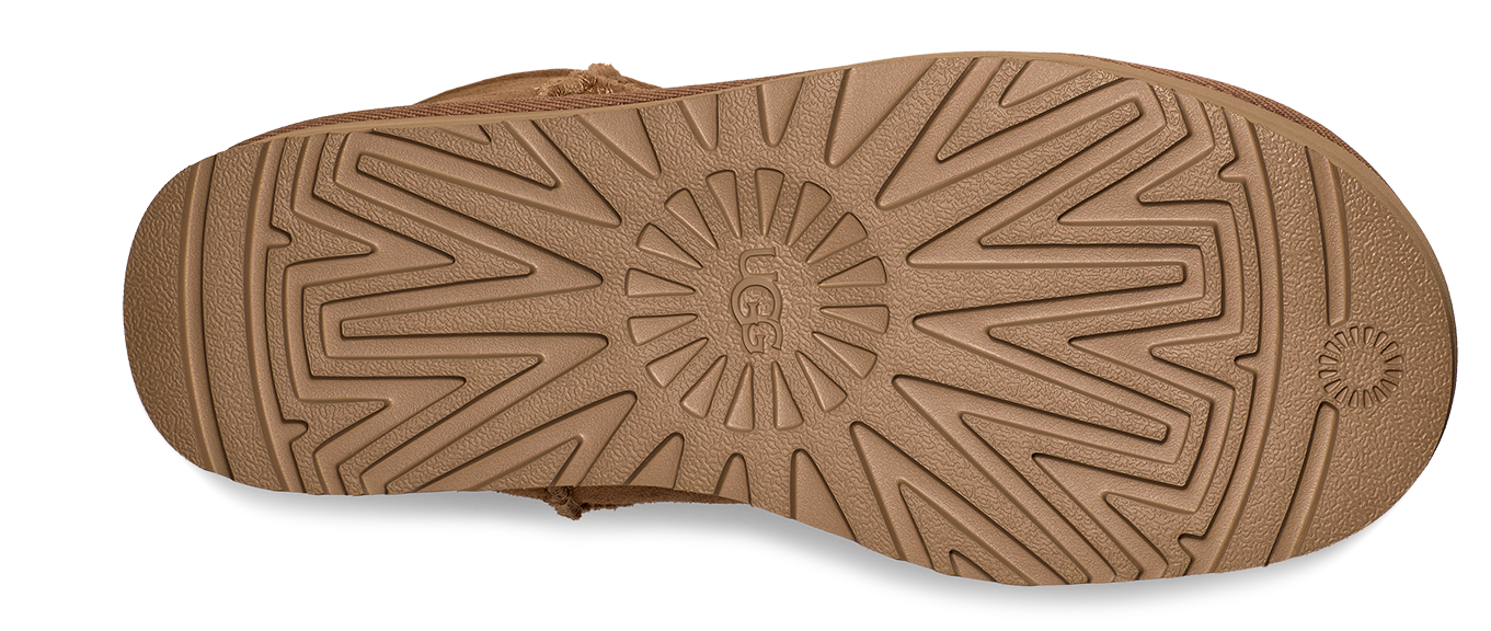 The underside of a shoe, showcasing its tread pattern consisting of geometric shapes, including a circular UGG logo at the center.