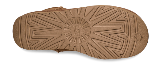 The underside of a shoe, showcasing its tread pattern consisting of geometric shapes, including a circular UGG logo at the center.