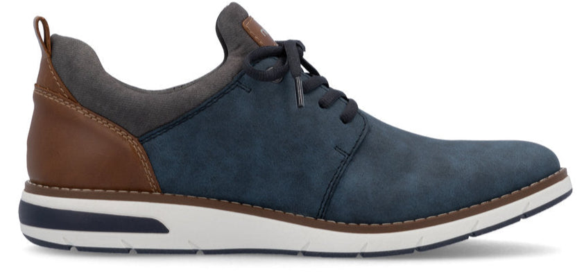 A blue leather casual shoe with brown heel and white sole.