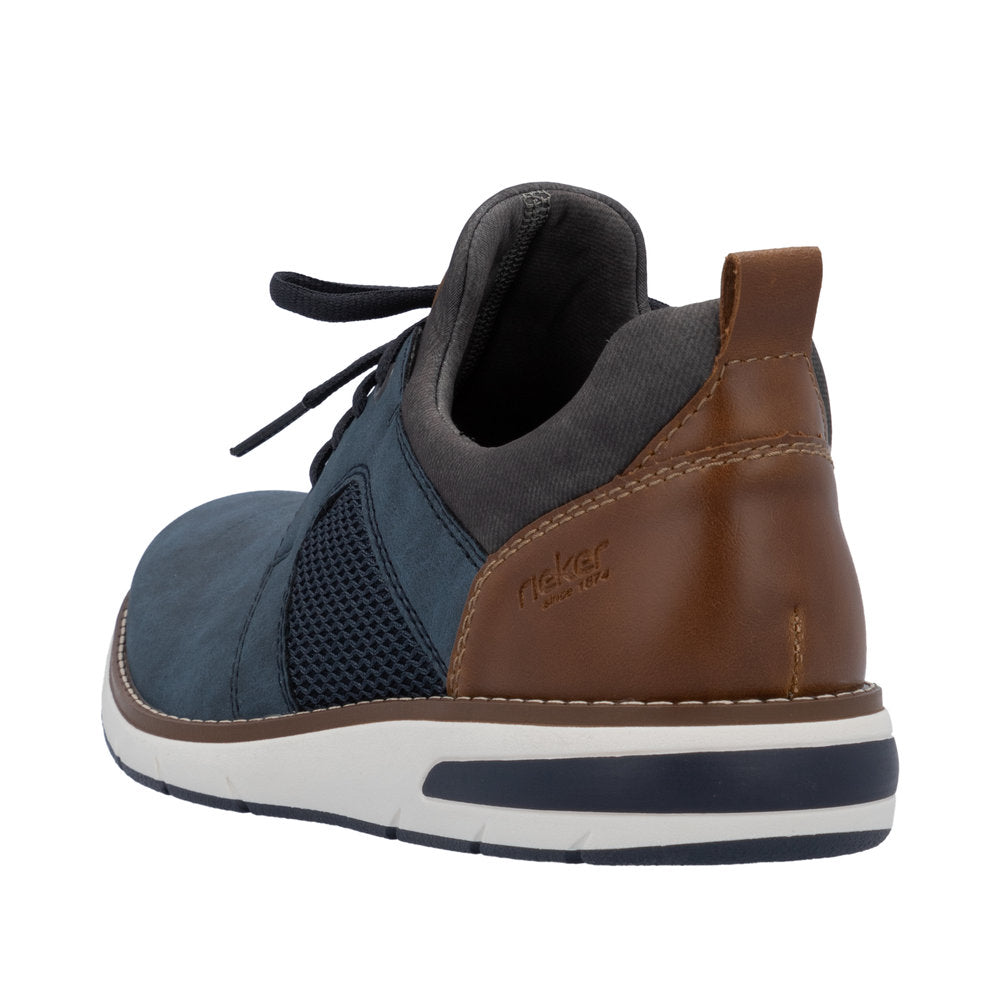 Rear view of a navy blue and brown shoe with laces and a white and blue sole.