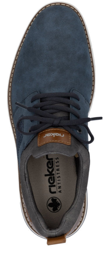 A blue shoe with dark laces, and the text "rieker ANTISTRESS" visible inside.