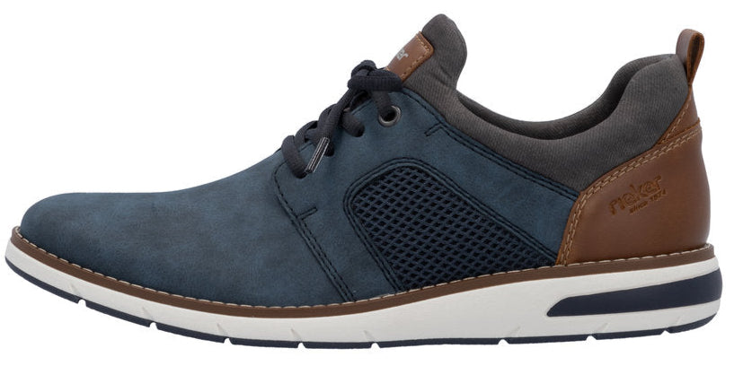 A blue leather walking shoe with brown and gray accents, featuring a white sole and lace-up closure.