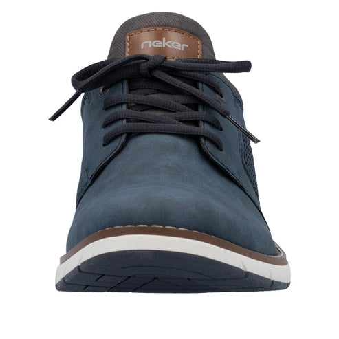 Blue Nubuck lace-up shoe with white sole and brown collar, "Rieker" label visible on collar.