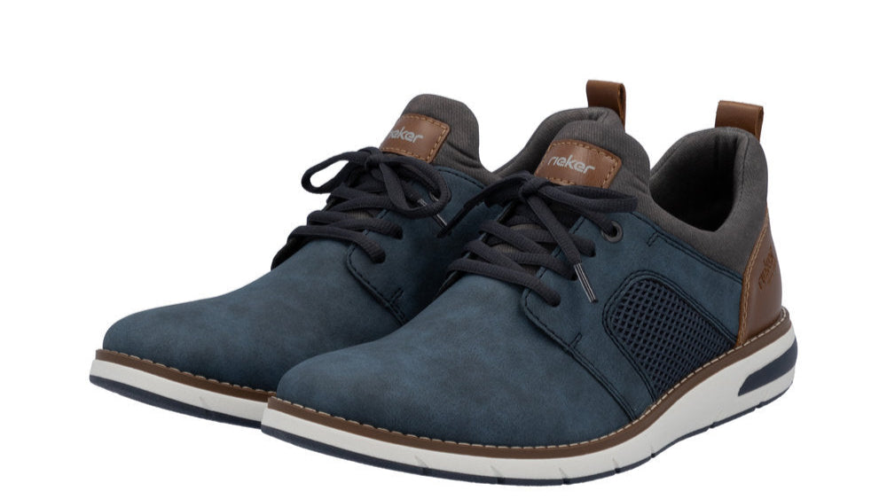 Pair of blue lace-up casual shoes with brown accents.