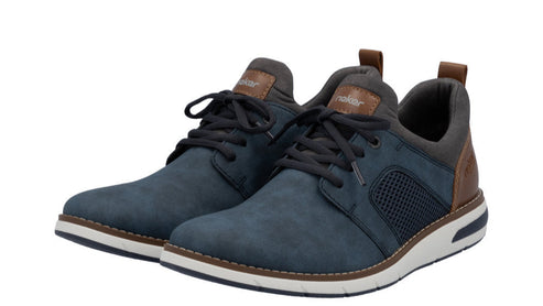 Pair of blue lace-up casual shoes with brown accents.