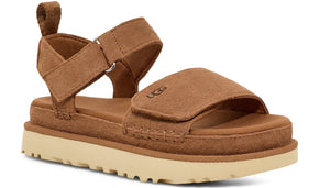 Tan suede sandal with thick platform sole and adjustable straps.