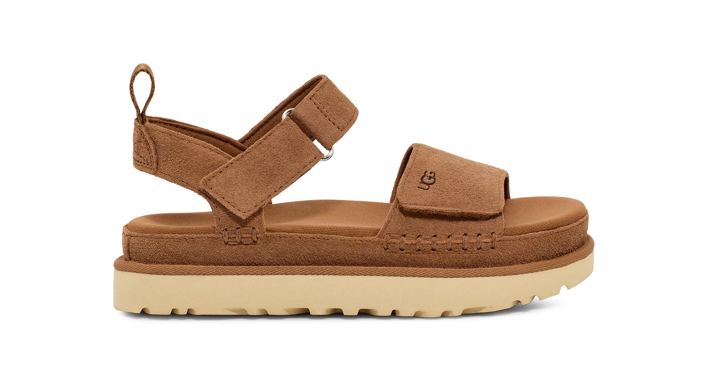 Brown suede sandal with adjustable velcro straps and a cream colored platform sole.