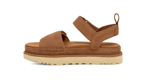 Side view of a brown suede sandal with adjustable ankle strap and a platform sole.