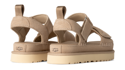 Two beige platform sandals with adjustable velcro straps and UGG logo on the heel.