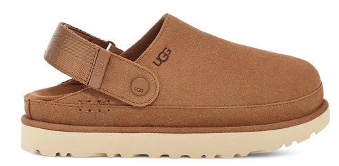 A tan colored clog style shoe with a platform sole and adjustable heel strap, featuring the UGG logo on the side and strap.