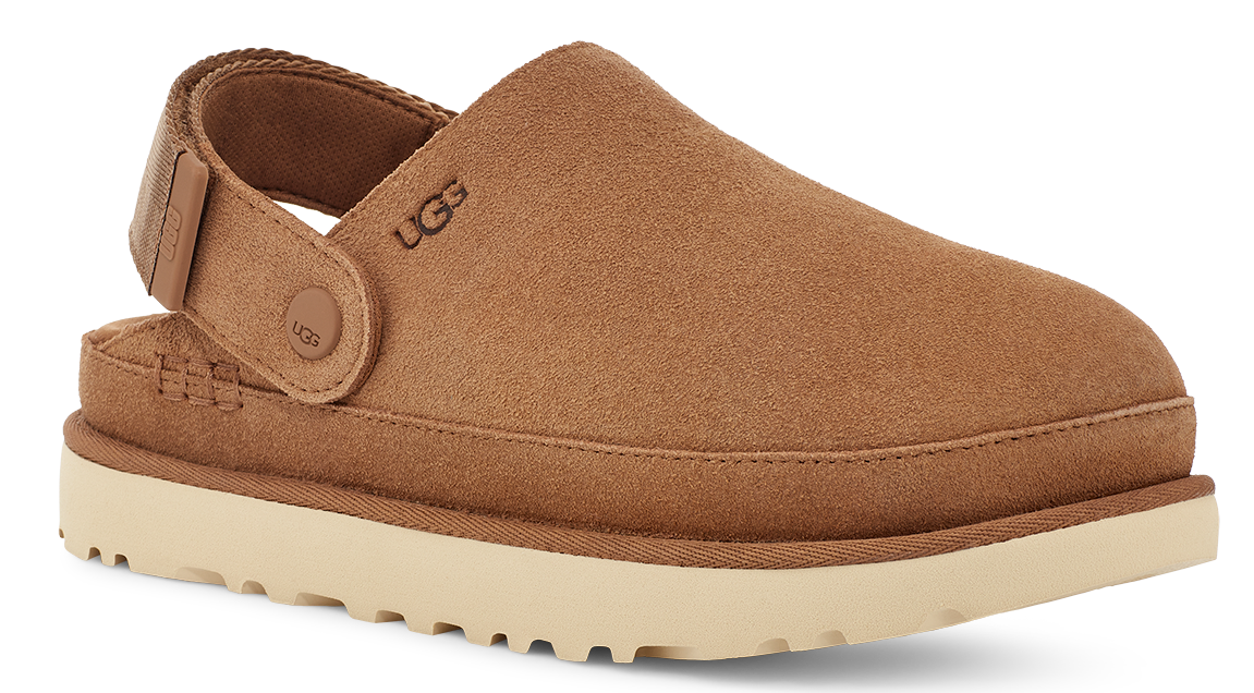 Brown suede slip-on clog with adjustable heel strap and thick, light sole.