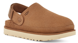 Brown suede slip-on clog with adjustable heel strap and thick, light sole.