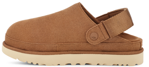 A brown clog-style shoe with a back strap and a thick, light-colored sole.