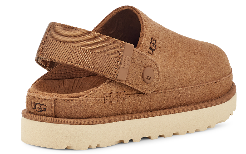 Close-up rear view of a light brown UGG Tasman clogs with off-white platform soles and adjustable heel strap