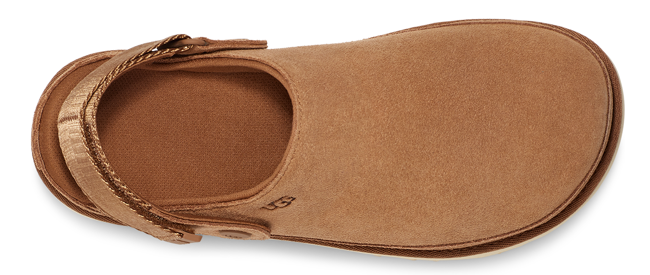 A tan-colored sandal with a thick strap.