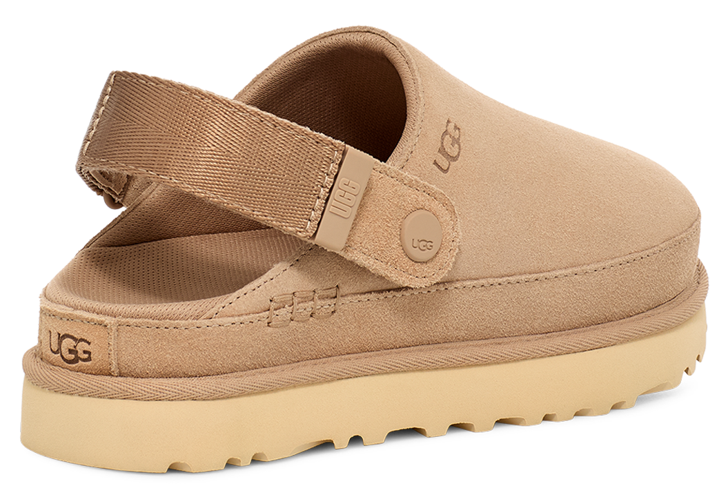 Tan colored clog with thick sole, adjustable back strap, and visible "UGG" logo on heel and upper.