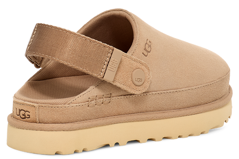 Tan colored clog with thick sole, adjustable back strap, and visible "UGG" logo on heel and upper.