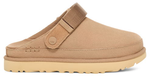 Tan suede clog with adjustable heel strap and thick sole.