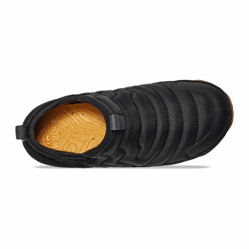 Black, padded slipper, top view with brown insole.