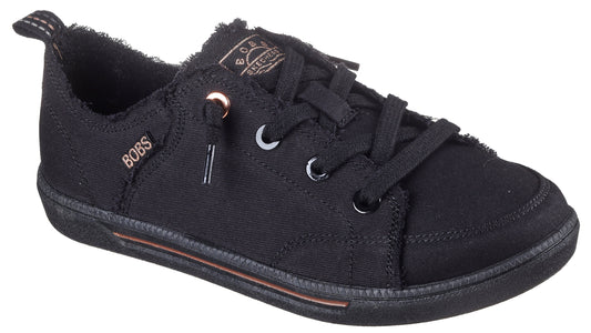 Black canvas sneaker with frayed edges, lace-up closure, and "BOBS" logo on the side.