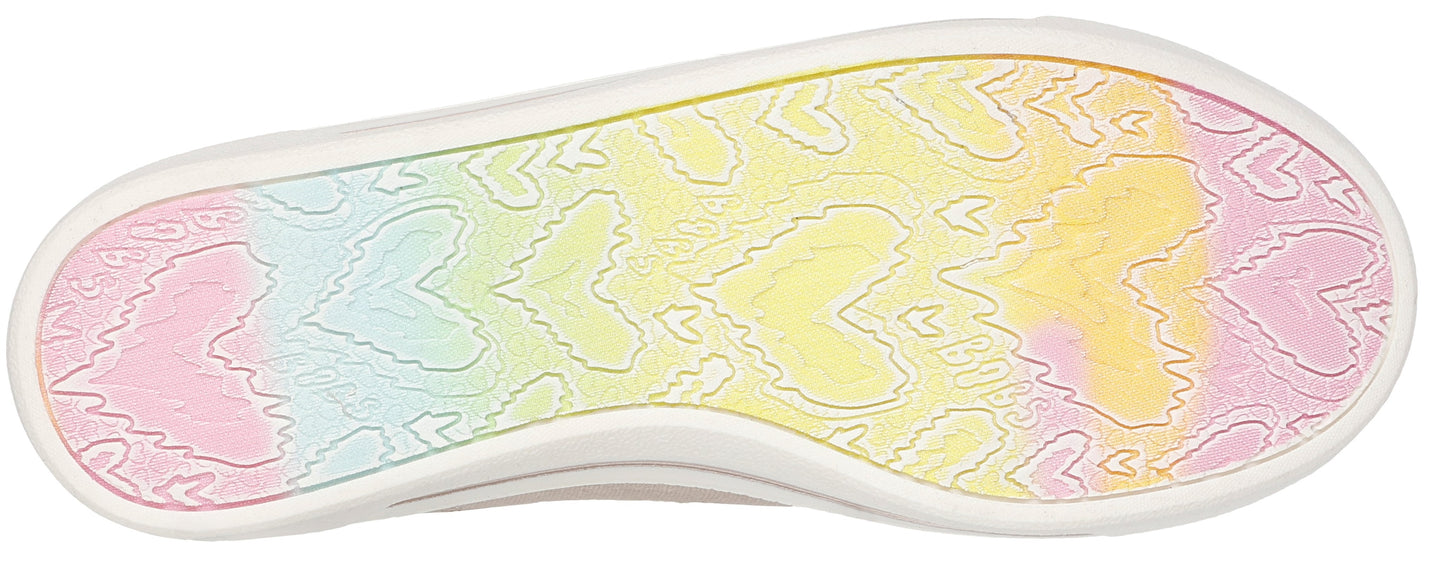 The sole of a shoe, colored in a rainbow gradient with a heart pattern.