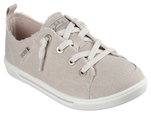Beige canvas shoe with white laces and a white sole, featuring a BOBS logo on the tongue.