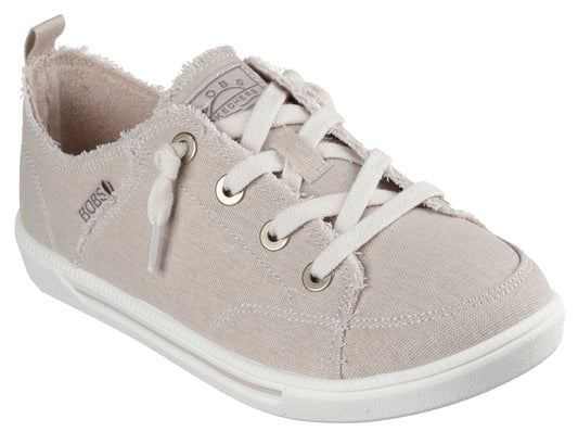 Beige canvas shoe with white laces and a white sole, featuring a BOBS logo on the tongue.