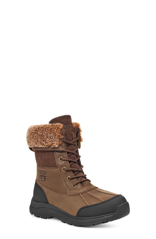 Brown waterproof boot with laces and faux fur cuff.