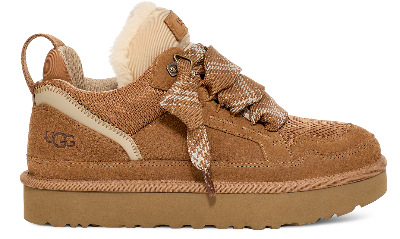 Low-top platform sneaker in brown with plaid laces and shearling trim.