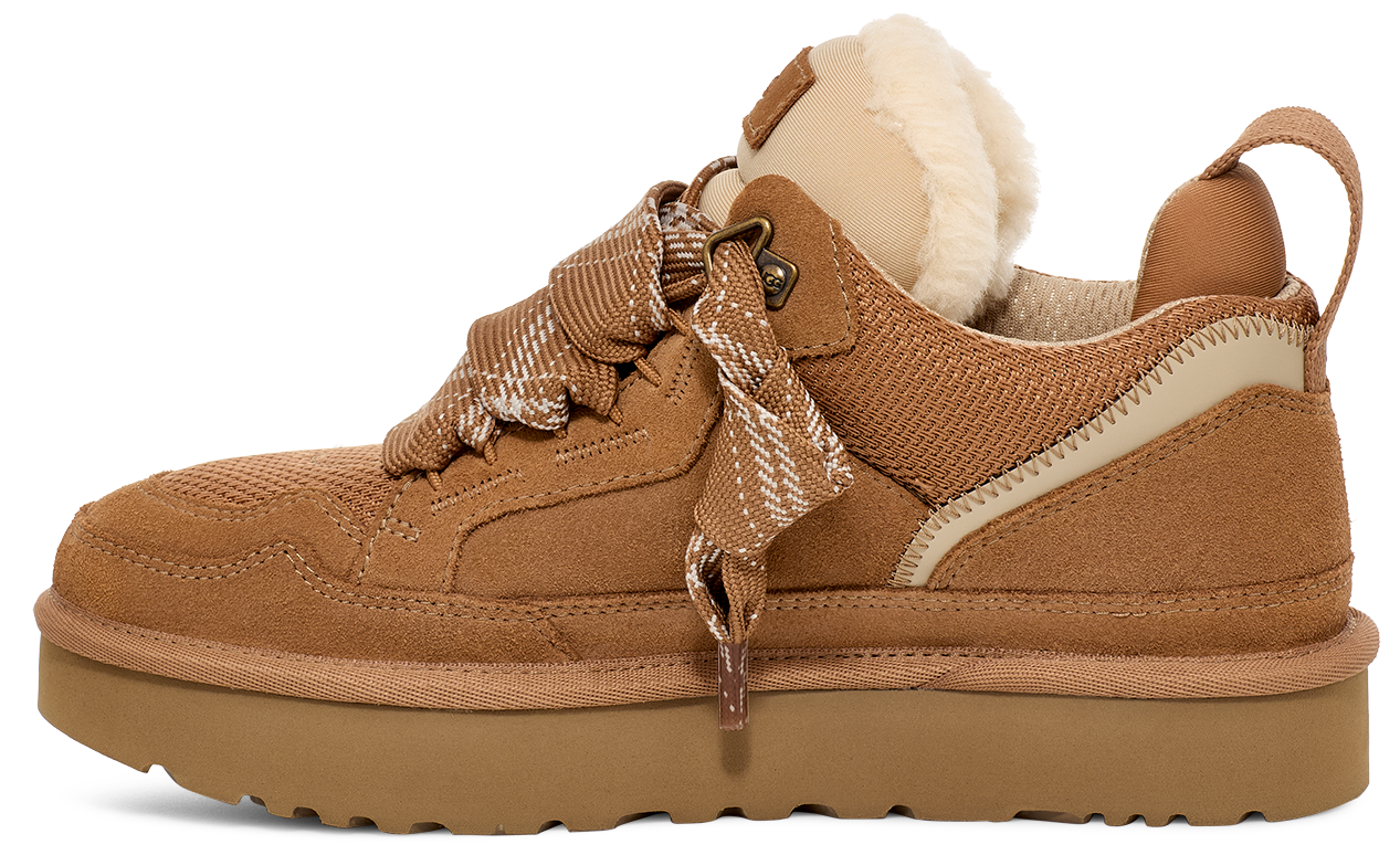 Tan low-rise sneaker featuring suede accents, plush lining, and decorative striped laces.