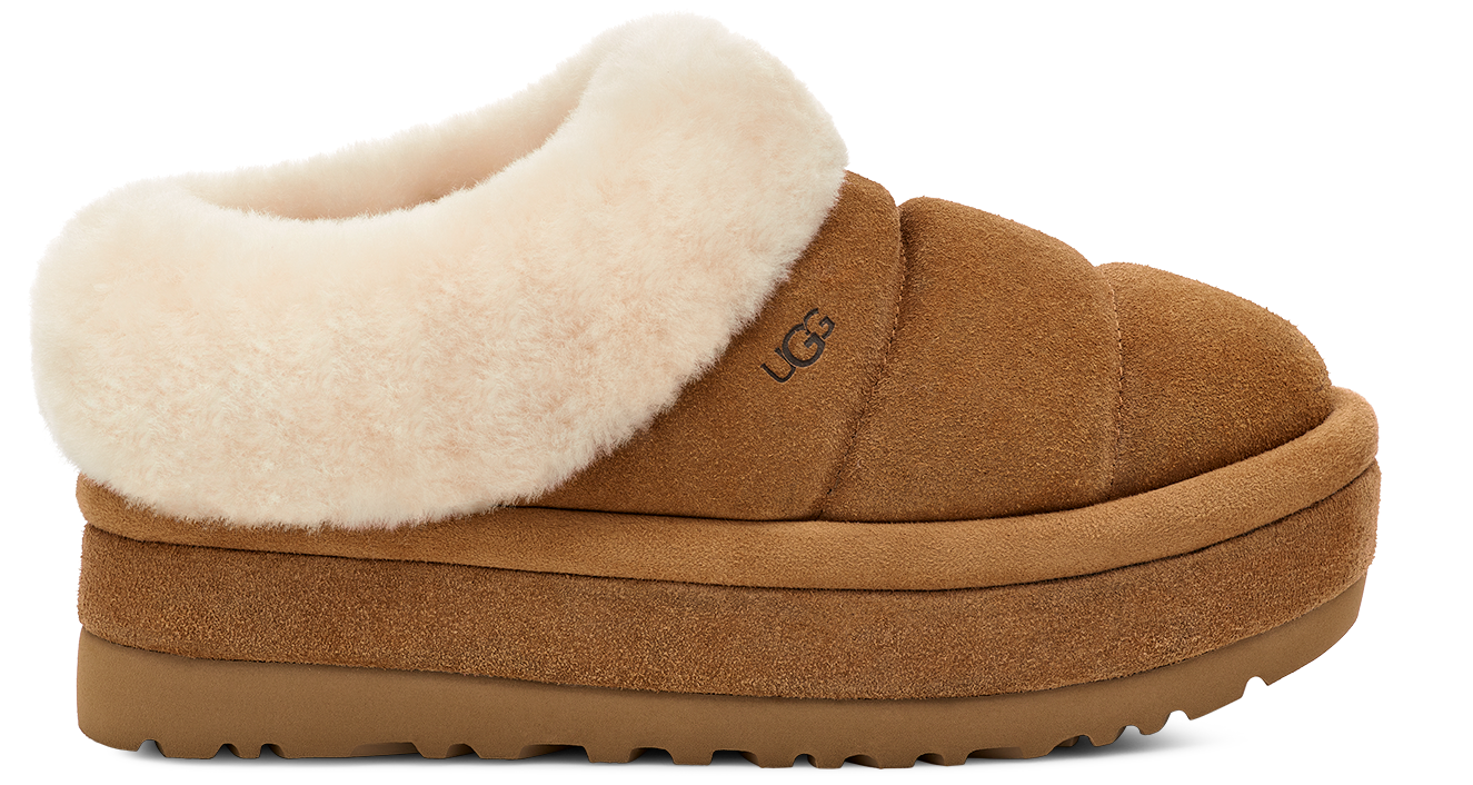 Side-view of a brown quilted slipper with off-white fur trim and sole, featuring the visible text "UGG".