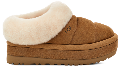 Side-view of a brown quilted slipper with off-white fur trim and sole, featuring the visible text "UGG".