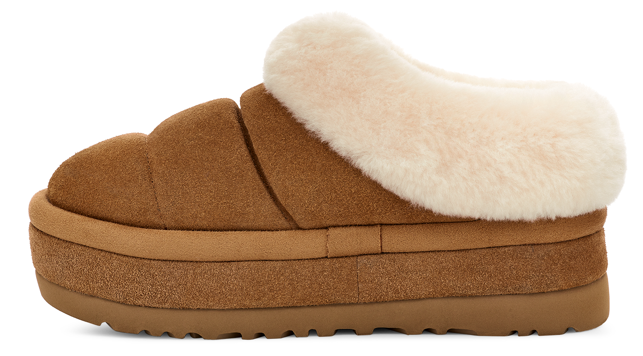 Side view of a brown slipper with a thick platform sole and a cream-colored fur trim.