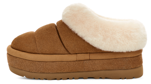 Side view of a brown slipper with a thick platform sole and a cream-colored fur trim.