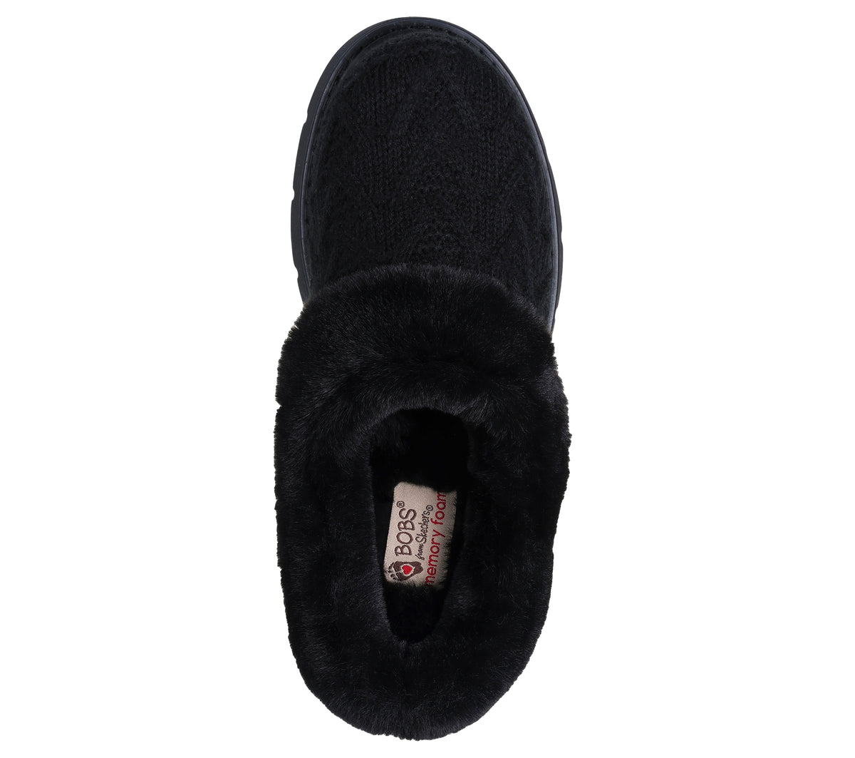 Black slipper with faux fur trim and a visible label inside.