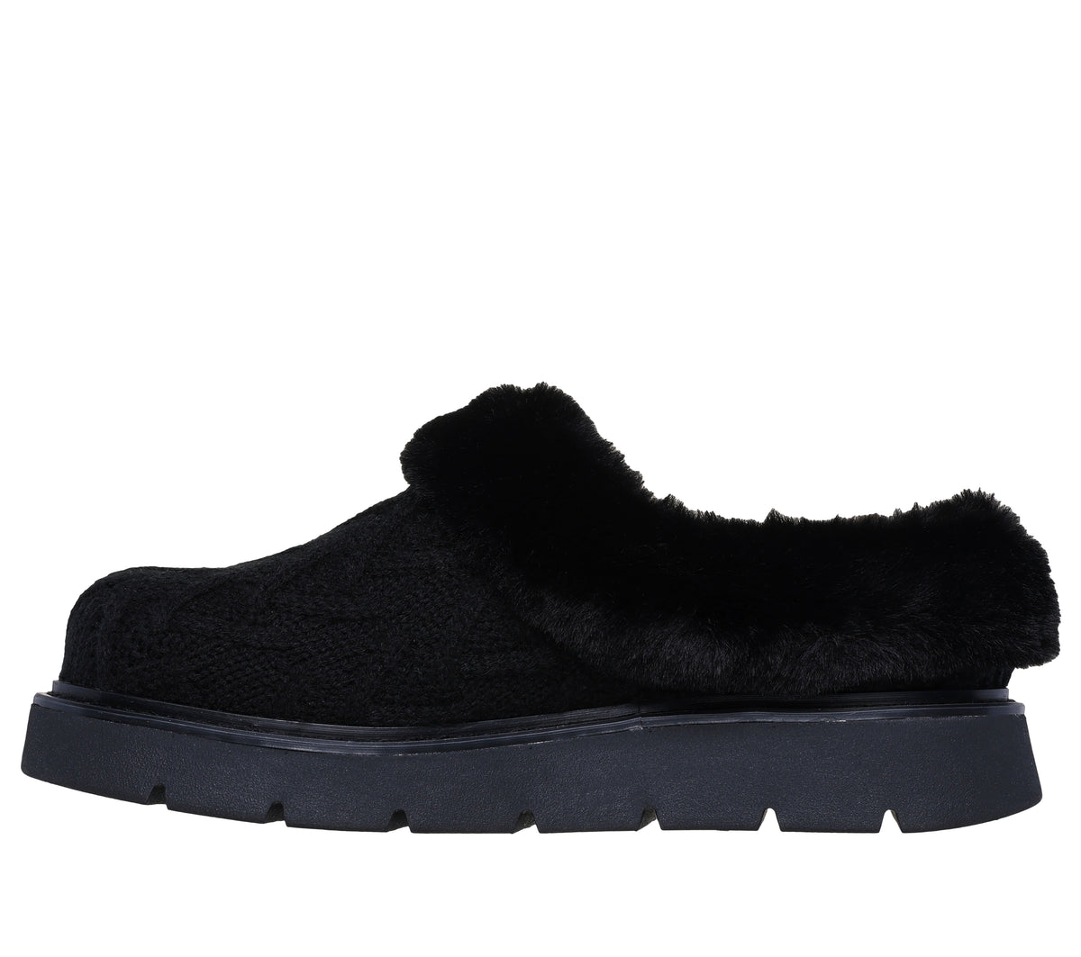 Black faux fur lined clog with a platform sole.