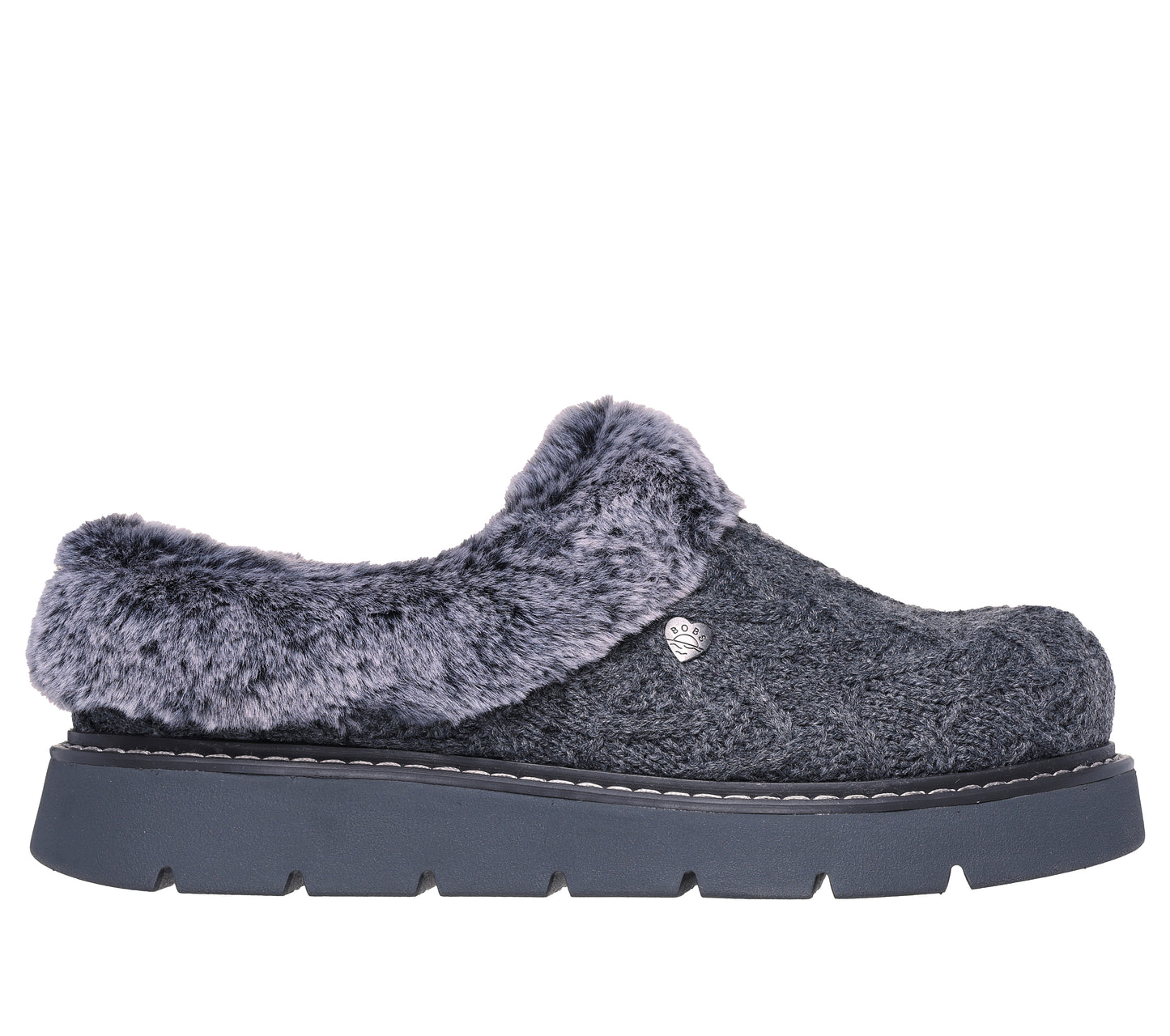 Charcoal furry clog with lug sole and silver dog paw emblem.