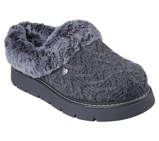 Gray slipper with faux fur trim.