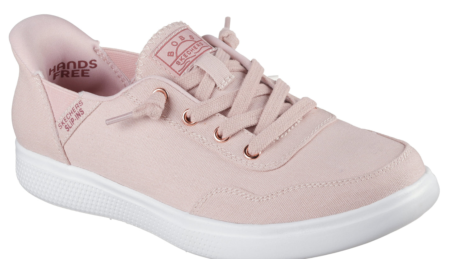 Slip-on pink sneaker with white sole and HANDS FREE text on the side.