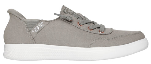 A gray canvas sneaker with white rubber soles, lace-up closure, and a reinforced toe.