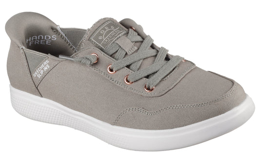 Hands Free slip-on sneaker, light gray canvas upper with matching laces and white sole.