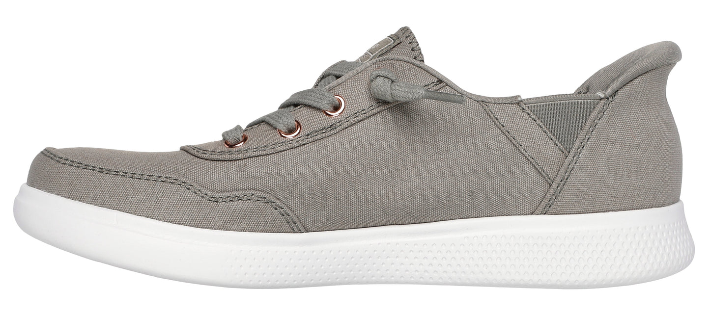 A side view of a gray sneaker with white soles and visible shoelaces.