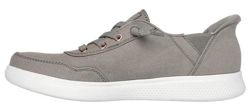 A side view of a gray sneaker with white soles and visible shoelaces.