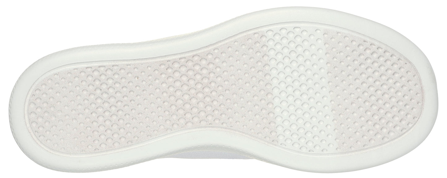 The outsole of a white shoe with textured traction.