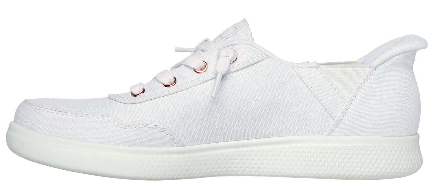 A white lace-up sneaker with eyelets.